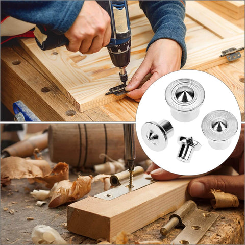 Pro Grade Dowel And Tenon Center Transfer Plugs For Woodworking, 20 Piece Chrome Steel Set in use for precise marking and alignment