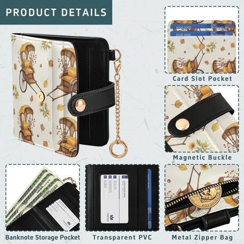 Totally Clutch Vintage Rickshaw Bifold Wallet For Women Featuring Autumn Leaves Motif showing card slots, banknote pocket and zipper bag.