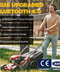 Man wearing Bluetooth 6.0 Hearing Protection Earmuffs With Built In Microphone mowing lawn, highlighting features such as larger working range.