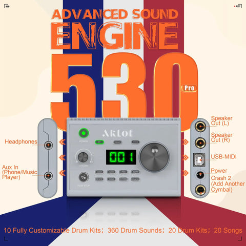 Advanced Sound Engine with customizable drum kits and 360 drum sounds shown with connection options and display screen.