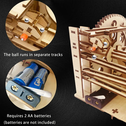 3D Puzzle Marble Run For Adults DIY Wood Kit With Gears And Tracks, wooden motorized desktop model, separate tracks, AA batteries