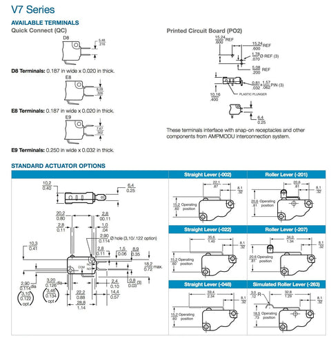 V7 Series available terminals diagram showing D8, E8, E9 terminals and actuator options for Pro Grade Miniature Single Pole Double Throw Micro Switch.