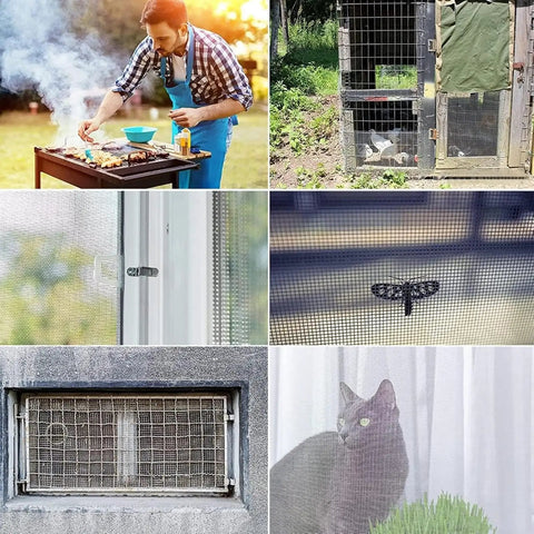 Hella Sturdy 8 Mesh Stainless Steel Wire Screen For Drain Guards And Ventilation Covers With Slick DIY Friendly Cutting Setup Perfect For Home Makeovers And Shop Fabrication Jobs, shown in various applications including windows and outdoor cooking.
