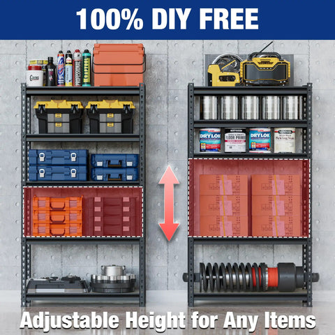 Beefy Heavy Duty Garage Storage Shelf System With 2180 Lbs Total Capacity Five Tier Adjustable Steel Shelves Tall 72 Inch Garage Rack For Basement Kitchen Pantry Black Finish showing adjustable height feature