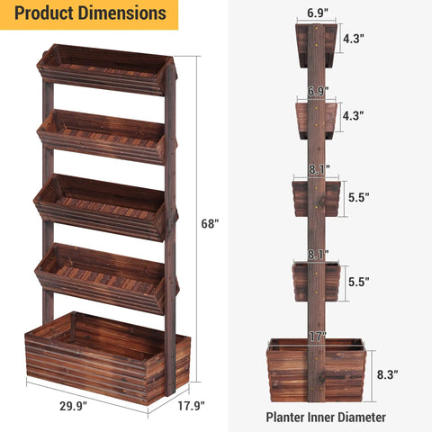 Vertical Wooden Five Tier Garden Bed With Five Planter Boxes Freestanding Plant Stand detailed dimensions and side view