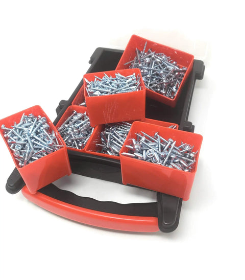 Pocket Hole Screw Kit 1000 Piece Self Tapping Zinc Plated Set with screws in red bins on black tray