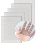 Five Pack Stainless Steel Wire Mesh Screen 13.4 X 9.5 In For Air Vents Easy Cut 1mm Holes 20 Mesh 304 Stainless Steel with hand demonstrating mesh size