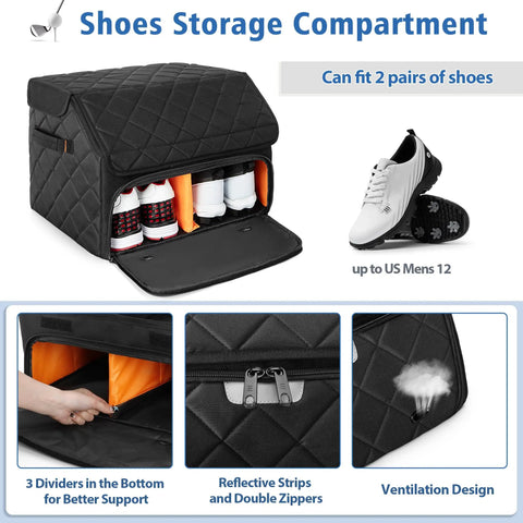 Dual Layer Golf Trunk Organizer With Ventilated Shoe Compartment For Two Pairs Of Shoes featuring removable dividers and zipper details