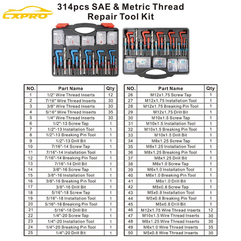 CXPRO 314pc SAE/Metric Thread Repair Kit in case; helicoil inserts, taps, drills for M5–M12 and 1/4–1/2 in.