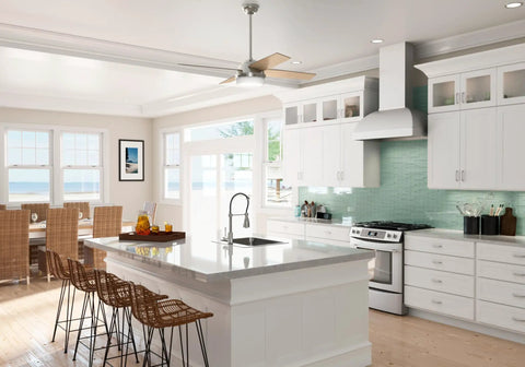 Modern kitchen with 52 Inch Indoor Ceiling Fan With LED Light And Remote Brushed Nickel Finish Four Light Gray Oak Blades Modern Yet Totally Quiet Ceiling Fan For Bedroom Living Room Or Kitchen