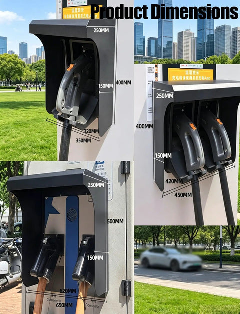 Wall Mount EV Charger Weatherproof Cover Tough As Nails Rain And Snow Splash Guard showing product dimensions and installation details.