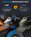 Abrasion resistance test comparing Heavy Duty 40 Grit Flap Discs for Angle Grinder 4 1/2 Inch Type 29 Zirconia.