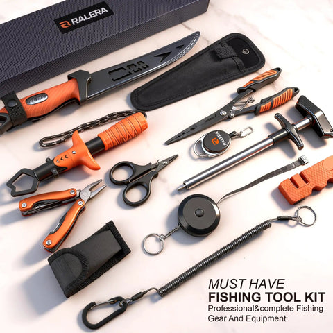 Fillet Knife Set For Beginners with 9 Piece All In One Fishing Tool Kit including non slip grip fillet knife, precision pliers, tape measure.
