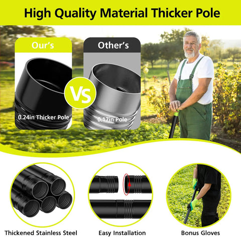 Comparison of 74 Inch Hula Hoe Garden Tool With Adjustable Stirrup Hoe vs other tool and a man holding the hoe