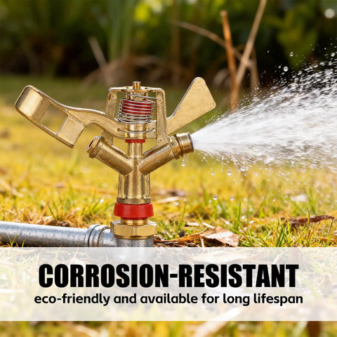 Heavy Duty Impact Sprinkler Set 2 Pack For Lawn And Garden Irrigation No Fuss Three Quarter Inch Male Thread Sprinkler Heads 25mm spraying water on grass.