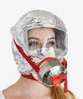 Person wearing Fire Emergency Escape Mask And Hood For Smoke And Carbon Monoxide Protection, 30 Minute Respirator Shield During Fire Evacuations