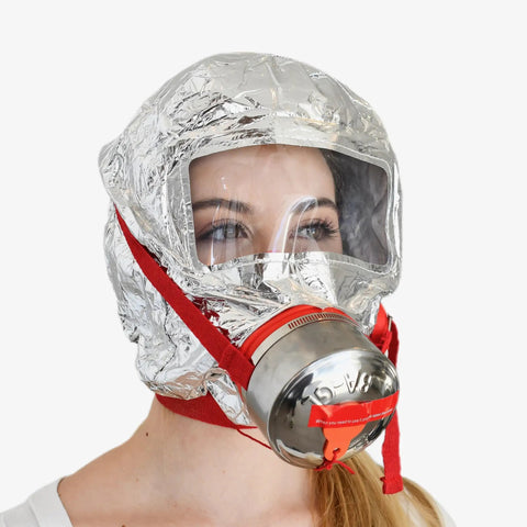 Person wearing Fire Emergency Escape Mask And Hood For Smoke And Carbon Monoxide Protection, 30 Minute Respirator Shield During Fire Evacuations