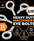 Heavy Duty Three Eighths Inch Threaded Eye Bolt Sixteen Threads Per Inch One And One Quarter Inch Shoulder Galvanized Steel Industrial Strength Lifting Eye Bolts For Machinery Hoists Anchors Towing And More 12 Pack image showing the eye bolts with labels indicating features like easy to install and industrial grade.