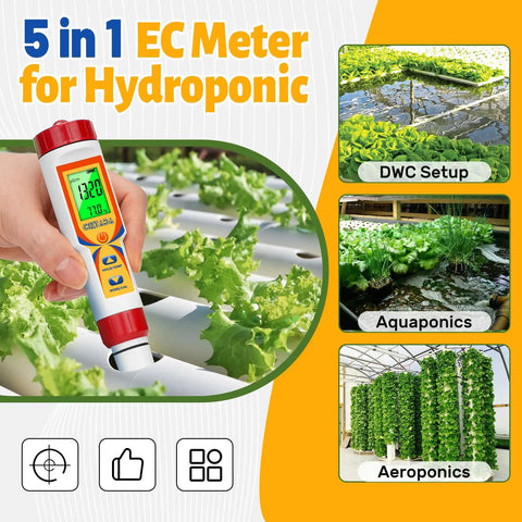 Five In One Pool Water Tester For Saltwater Pools And Hot Tubs Digital Salt And PH TDS EC Meter held over hydroponics plants