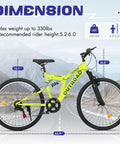 26 Inch Mountain Bike For Men And Women Of All Ages With 7 Speed Drivetrain, Aviation Grade High Carbon Steel Frame, side view dimensions.