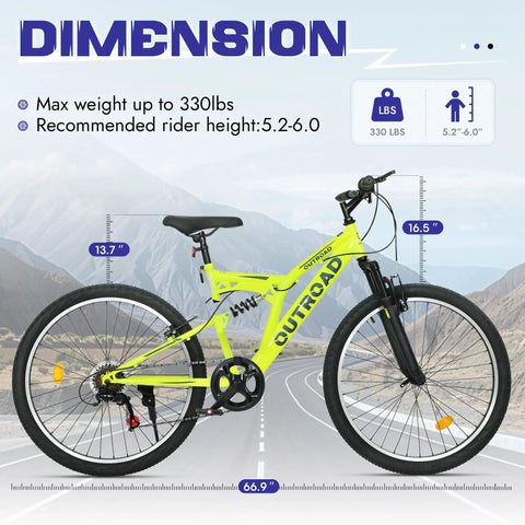 26 Inch Mountain Bike For Men And Women Of All Ages With 7 Speed Drivetrain, Aviation Grade High Carbon Steel Frame, side view dimensions.