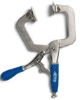 Heavy Duty Three Inch Face Clamp For Woodworking, silver metal clamp with blue grip for secure scrap holding.