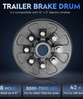 Front view of trailer brake drum hub with eight lug holes on a 6.5 inch bolt circle for 12 x 2 inch electric brakes