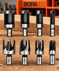 Kickass 8 Piece Carbon Steel Plug Cutter Drill Bit Set With 9.5mm Shank Premium Woodworking Dowel Repair Bits In 6 10 13 And 16 Mm Sizes, displayed on wood.