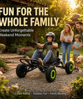 Family enjoying 63cc gas off road go kart for kids teens and adults with high handlebar for extra legroom padded seat