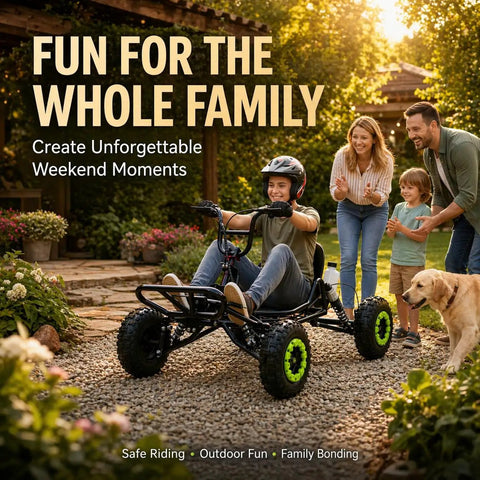 Family enjoying 63cc gas off road go kart for kids teens and adults with high handlebar for extra legroom padded seat