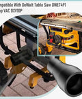 Table Saw Dust Collection Adapter Two And A Half Inch Outlet To One And Seven Eighth Inch Vacuum Hose Connection Easy Install No Fuss Black Fits Most Table Saws And Ten Inch Models, shown attached to Dewalt table saw.
