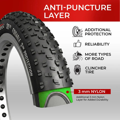 Pair Of 26 X 4.0 Fat Mountain Bike Tires Foldable 100559 Anti Puncture 3mm Nylon Antipuncture With Kevlar Bead For All Terrain Grippy Traction On Sand Snow Dirt Standard 26 Inch Fat Rims anti-puncture layer shown