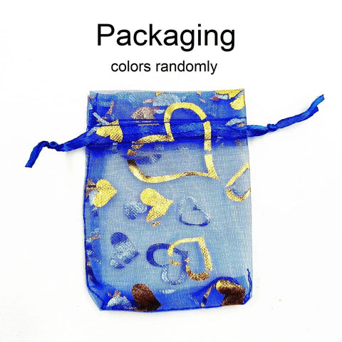 Blue organza bag with gold heart prints for Faith Boost Mustard Seed Pendant Necklace packaging. Colors vary.
