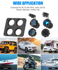 Beefed Up 12 Volt USB Outlet RV Marine Switch Panel 4 In 1 Aluminum Charger with vehicles and open panel display