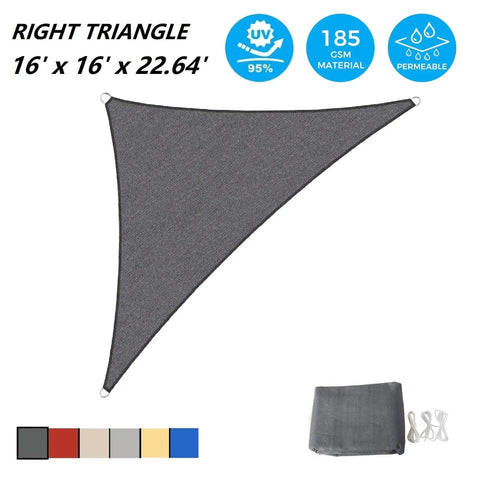 Triangle Sun Shade Sail 16 Foot By 16 Foot By 22.64 Foot UV Block Canopy, graphite color, with ropes shown for outdoor use.