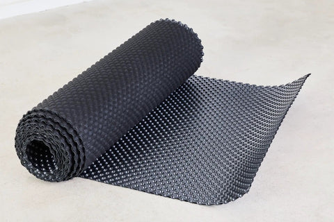 Premium Underlayment Roll With Heavy Duty Moisture Barrier For Engineered Hardwood Laminate And Vinyl Plank Floors Supporting 5MM Or Thicker Click Lock Systems No Sweat Setup Delivers Top Shelf Durability, black roll with texture on concrete.