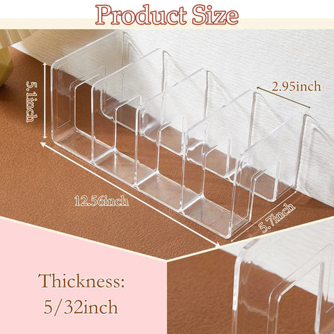 Clear Plastic Purse Organizer For Closet, 13 By 6 By 5 Inches, 4 Section Shelf Dividers, side view showing dimensions