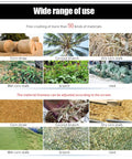 Image showing various materials like corn straw, coconut branch, and reed for mobile wood chipper shredder usage.
