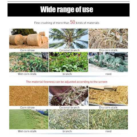 Image showing various materials like corn straw, coconut branch, and reed for mobile wood chipper shredder usage.