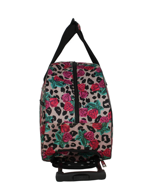 Lightweight Carry On Luggage With Two Rolling Wheels Leopard Rose Pattern 22 Inch Duffel for travel, side view with handle