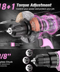 Built Tough 20V Cordless Drill Set With Fast Charging Battery And Sleek Pink Finish delivering 250 in lbs of torque with 18+1 torque adjustment.