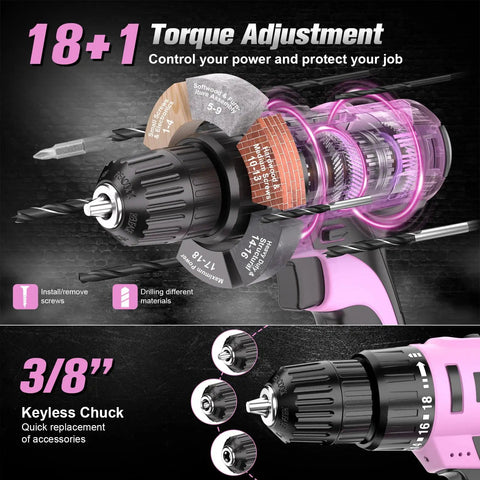 Built Tough 20V Cordless Drill Set With Fast Charging Battery And Sleek Pink Finish delivering 250 in lbs of torque with 18+1 torque adjustment.