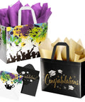 Two Pack Graduation Gift Bags With Tissue Paper, Cards And Reusable Nonwoven Totes, White Colorful And Black Gold Design, 12.6 Inch Size
