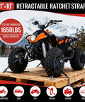 Heavy Duty Self Retracting Ratchet Tie Downs One Inch By Ten Foot 4 Pack 1650 Lb securing an ATV on a wooden platform outdoor.