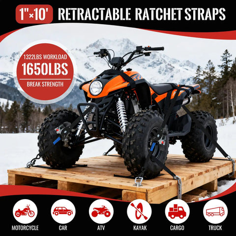 Heavy Duty Self Retracting Ratchet Tie Downs One Inch By Ten Foot 4 Pack 1650 Lb securing an ATV on a wooden platform outdoor.