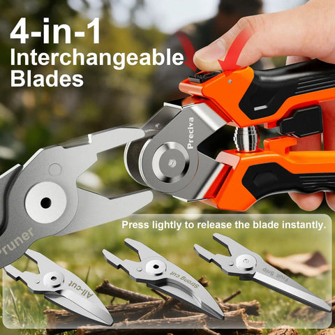 Close-up of 4 In 1 Garden Pruning Shears With Four Size Sharp High Carbon Martensitic Stainless Steel Blades in use, showing interchangeable blade system.