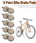 Five Pairs Semi Metal Bicycle And Scooter Disc Brake Pads For Front And Rear Replacement On Electric Bikes And Scooters High Performance Braking For Wet Or Dry Conditions shown with orange bike