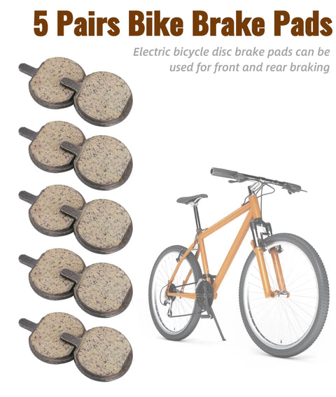 Five Pairs Semi Metal Bicycle And Scooter Disc Brake Pads For Front And Rear Replacement On Electric Bikes And Scooters High Performance Braking For Wet Or Dry Conditions shown with orange bike