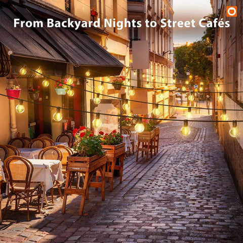 100Ft Outdoor String Lights G40 With Remote 54 LED Shatterproof Bulbs Dimmable Waterproof Globe Patio Lights in cafe setting