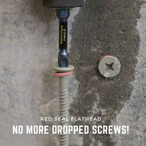 Flat Head One Quarter Inch Concrete Screws Kit With RedSeal Moisture Barrier being installed in concrete wall